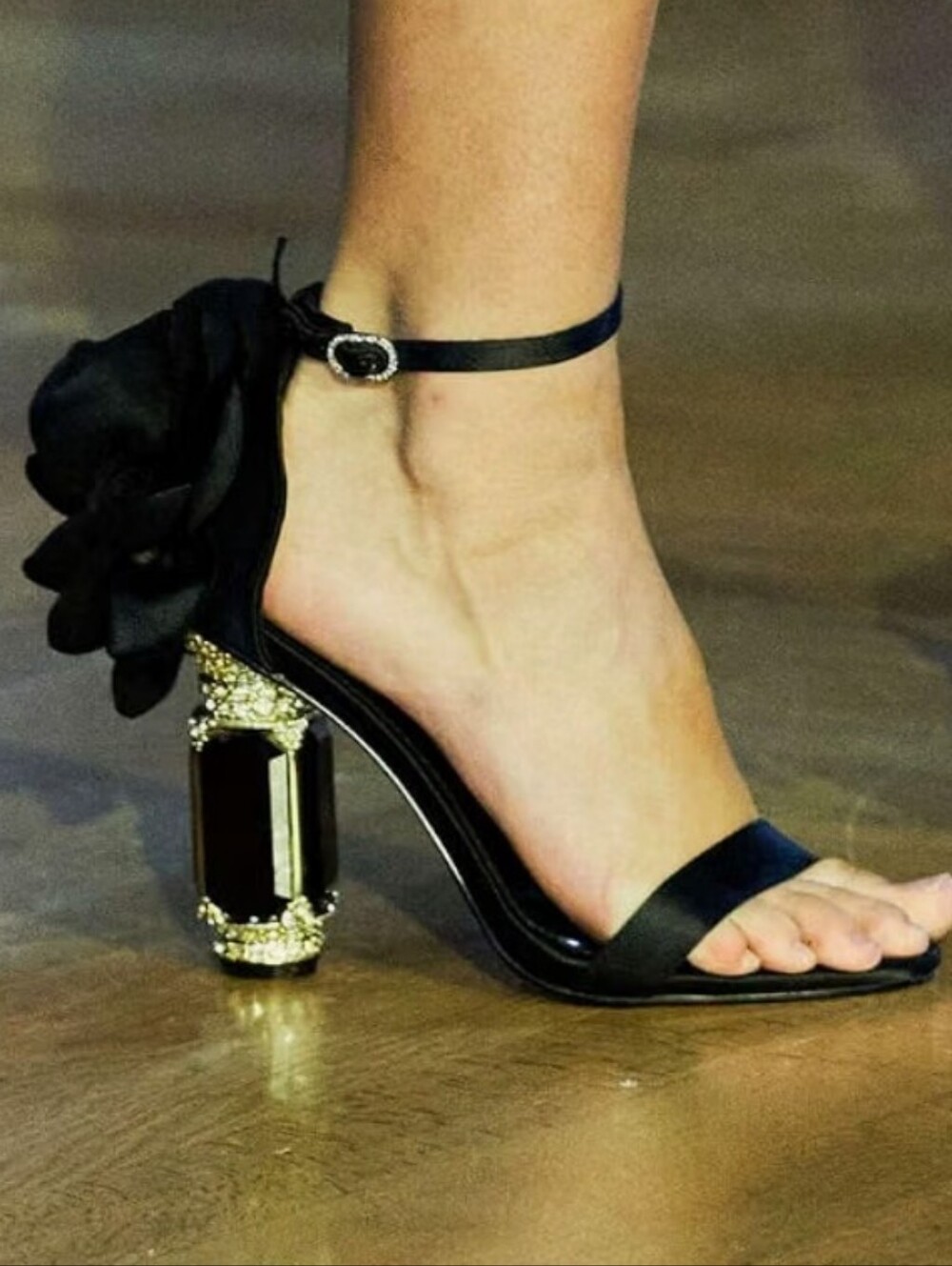 FSJ Black Jeweled Block Bow Heel Ankle-Strap Sandals